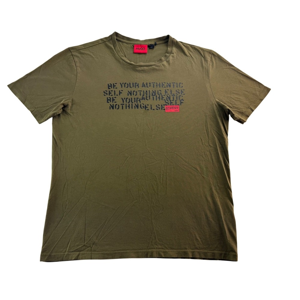 HUGO‎ BOSS Mens T Shirt Olive Green Authentic Self Graphic Print Short Sleeve L